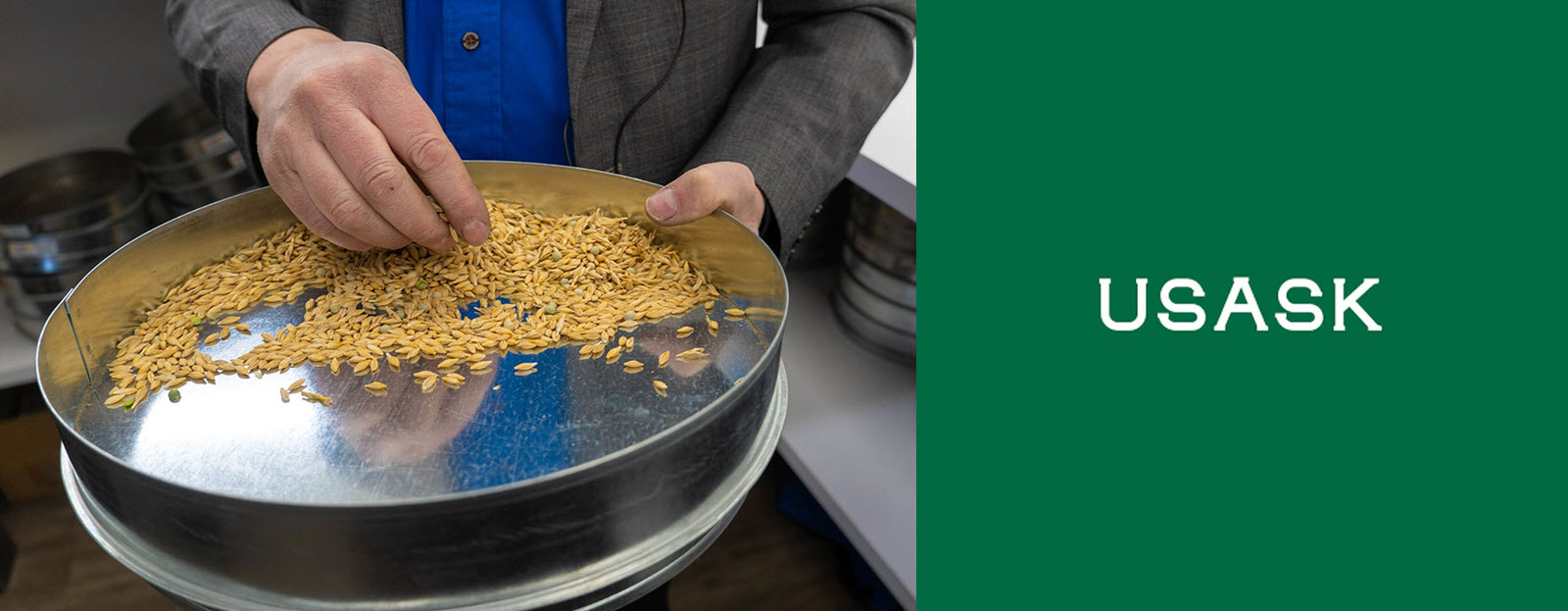 University of Saskatchewan logo and grain in research pan