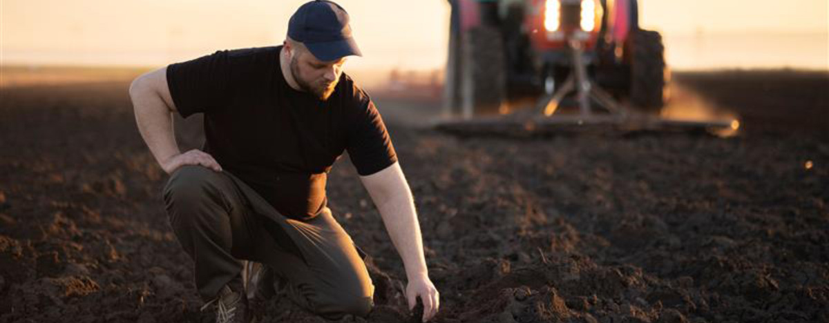 199311537_l-770×300 Farmer working in the field with a tractor in the background at sunset