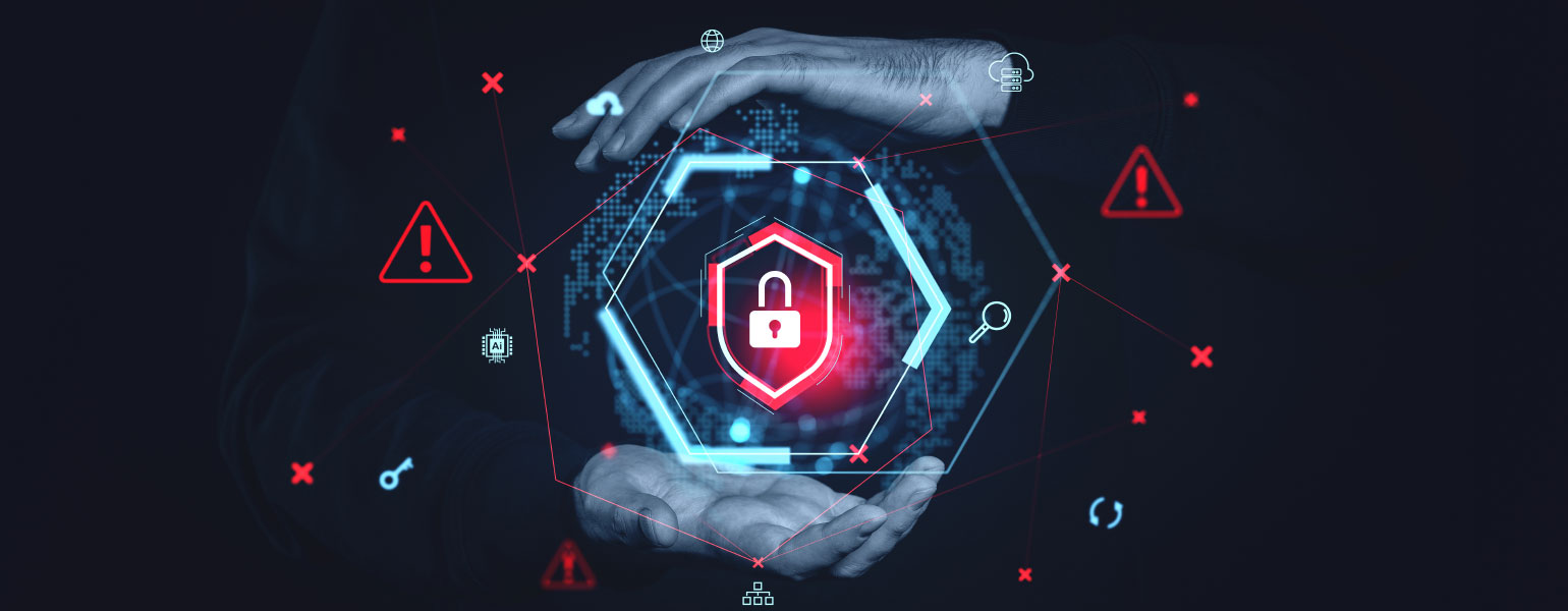 243751084_l Hands protect a glowing digital padlock hologram with warning symbols on a dark background, symbolizing cybersecurity and online data safety