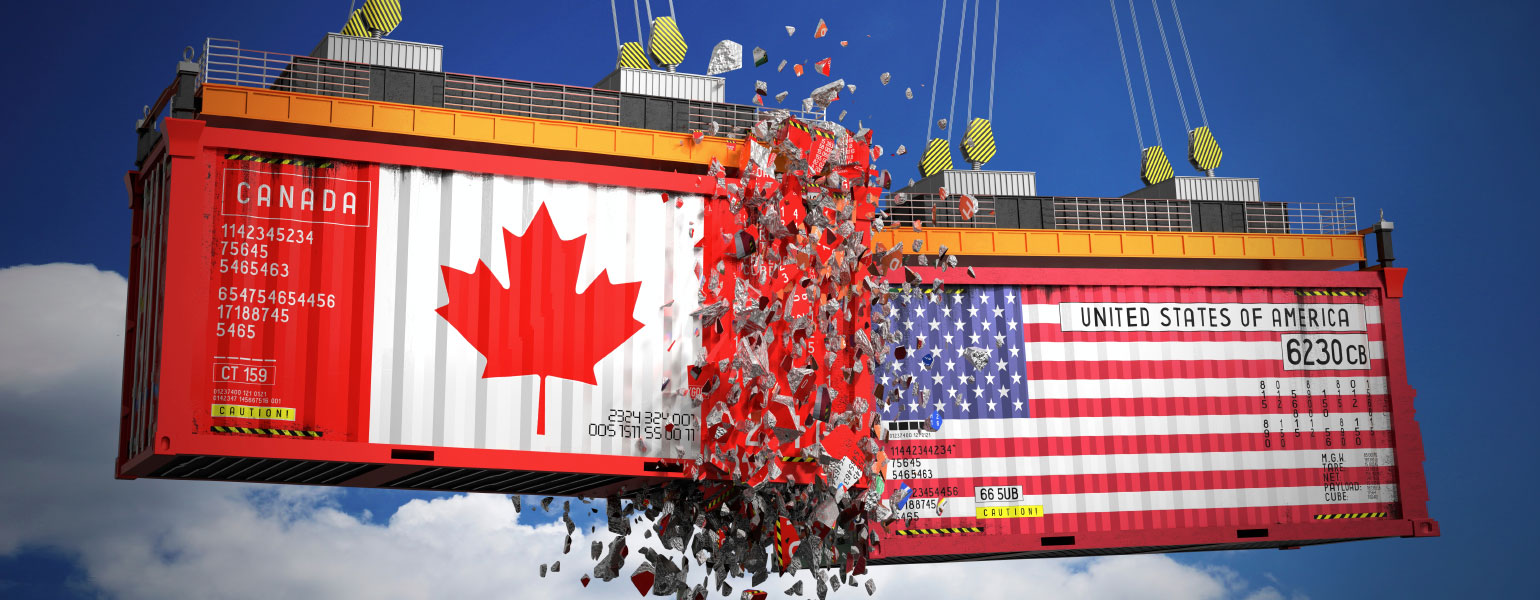 3D illustration of Cargo containers with flags of Canada and USA