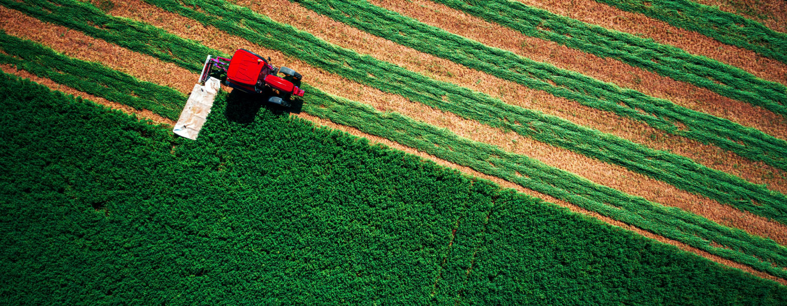 Aerial view of tractor mowing green field