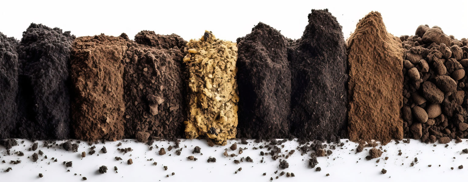 Samples of ecological farm fertile soil, land in a row