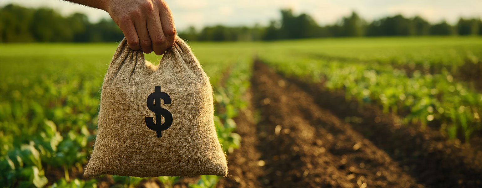 Hand holding a money bag in a farm field